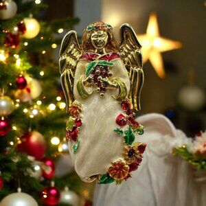 Vintage Christopher Radko Angel Brooch Pin Golden Wings Rhinestones Enamel